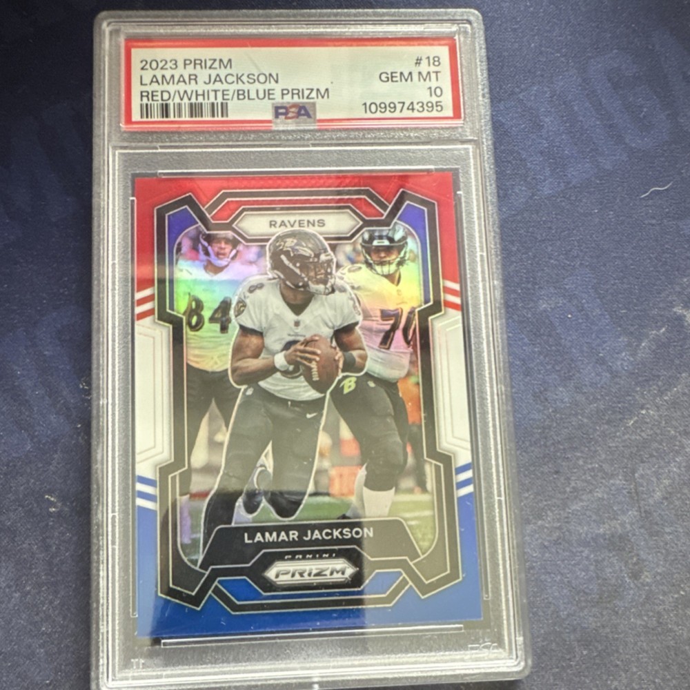 Panini Prizm 2023 Lamar Jackson #18 Red White & Blue Prizm PSA 10 Ravens