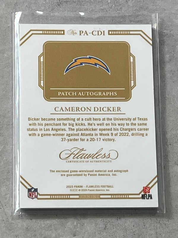 2023 Flawless Cameron Dicker GW Patch On Card Platinum Auto /20 #PA-CD1 Chargers view 2