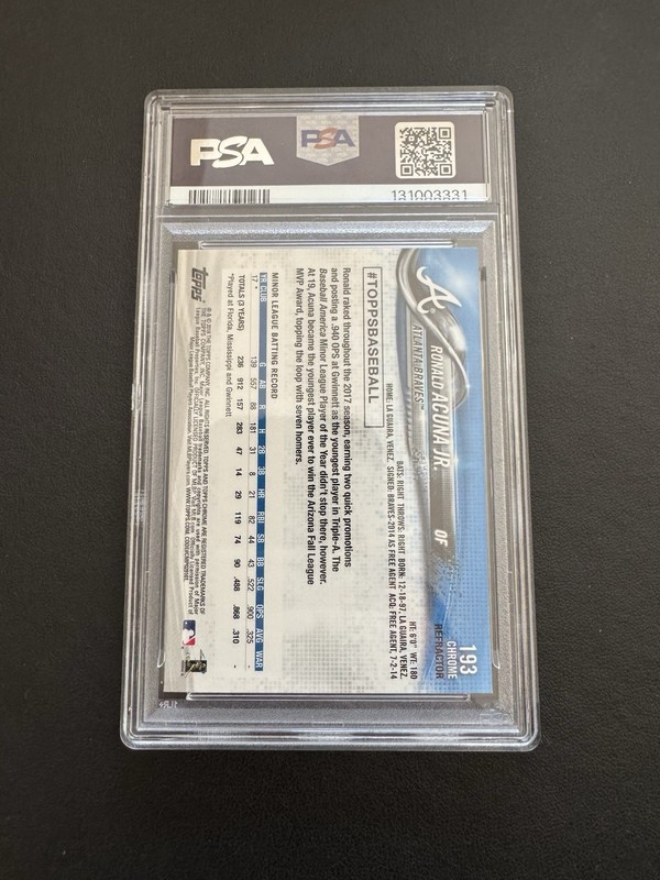 2018 Topps Chrome Ronald Acuna Jr XFractor Refractor RC #193 PSA 10 Gem Mint view 2