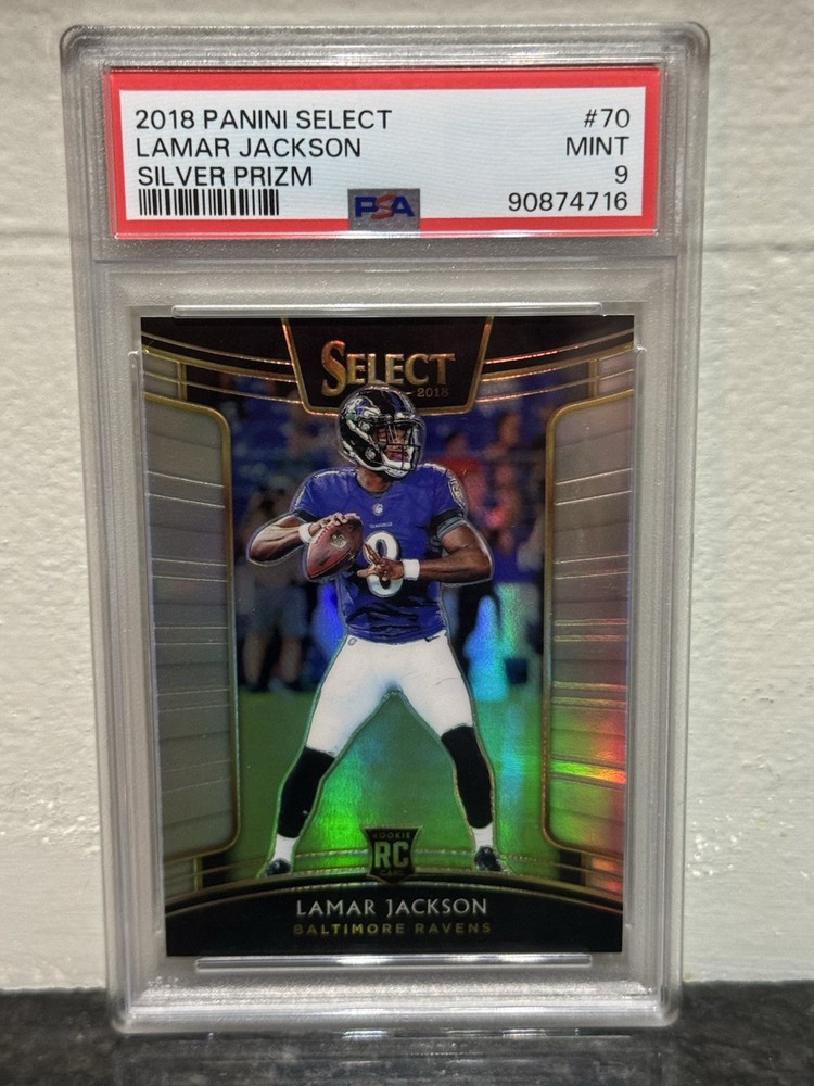LAMAR JACKSON 2018 PANINI SELECT #70 SILVER PRIZM ROOKIE RC PSA 9