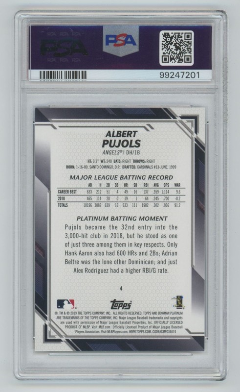 Albert Pujols 2018 Bowman Platinum Blue Pop 1 None Higher! /150 PSA 9 #6 Los view 2