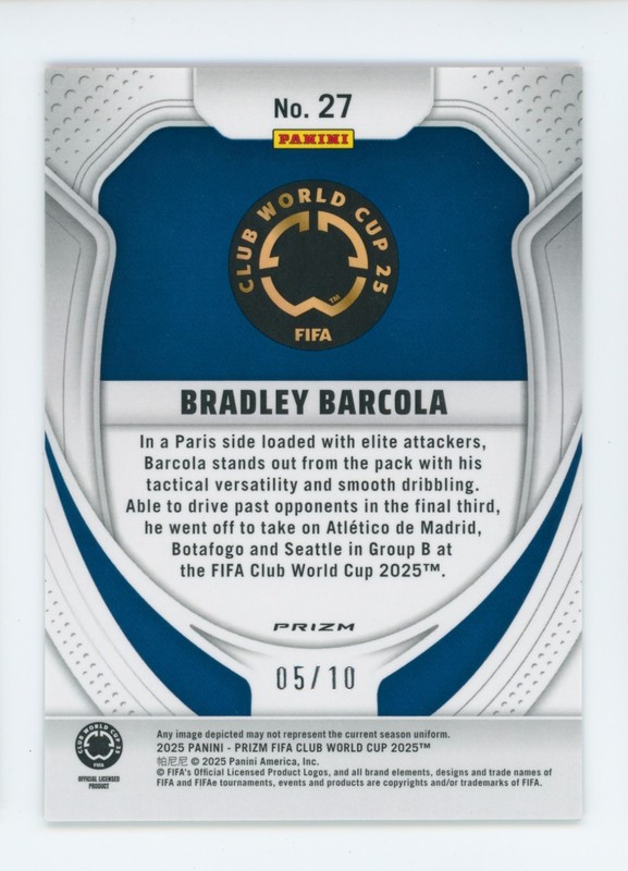 2025 Bradley Barcola Panini Prizm Club World Cup Gold PSG Soccer Card 5/10 view 2