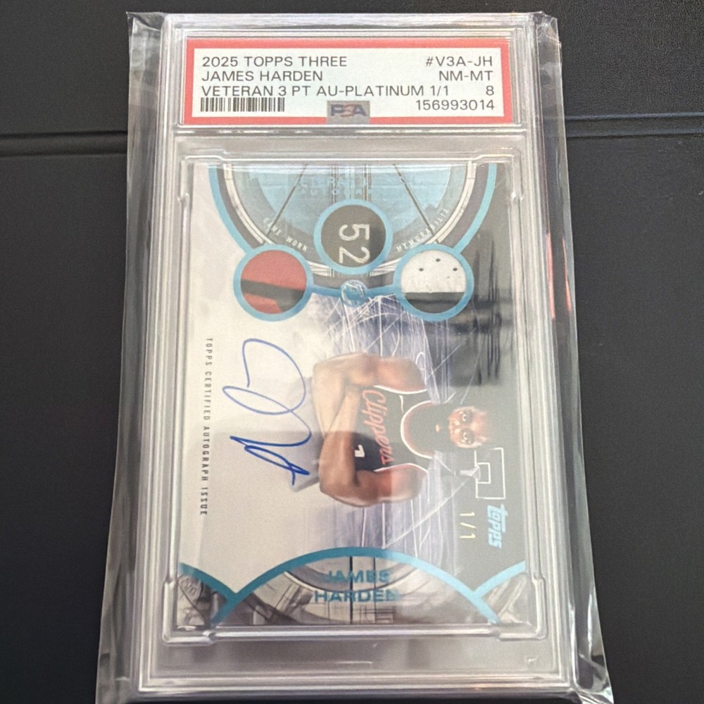 2025 Topps 3 Basketball James Harden Game Worn 3 Patch Auto 1/1 Platinum PSA 8