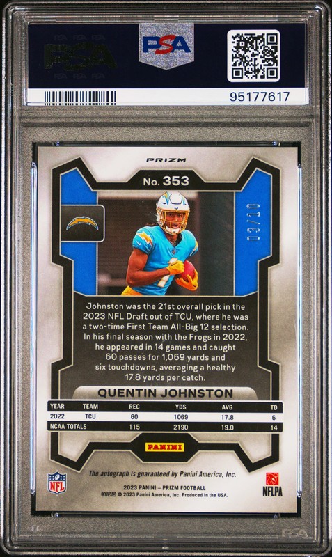 2023 Prizm GOLD Quentin Johnston Auto PSA 10 Rookie RC Chargers view 2