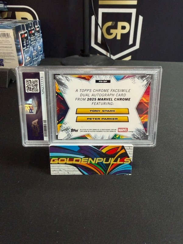 2025 Topps Chrome Marvel Facsimile Dual Auto TONY STARK PETER PARKER /50 PSA 10 view 2