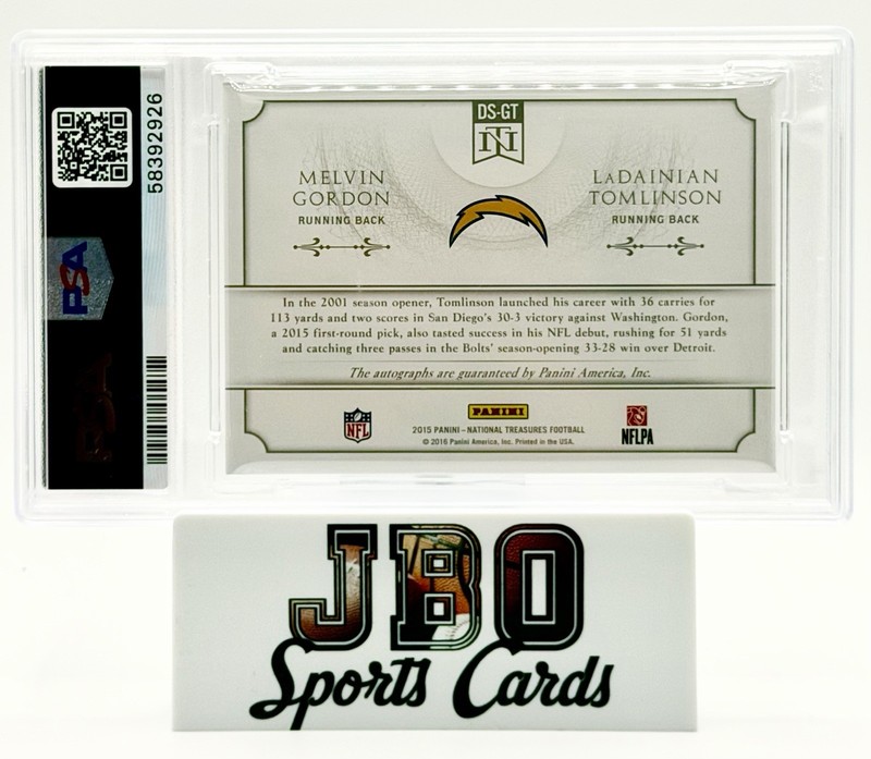 2015 National Treasures /25 Ladainian Tomlinson & Gordon Dual Auto #DS-GT PSA 8 view 2