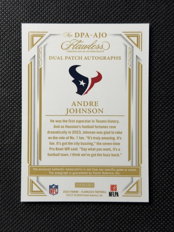 ANDRE JOHNSON 2023 FLAWLESS DUAL PATCH AUTO RUBY 9/15 #DPA-AJO TEXANS view 2