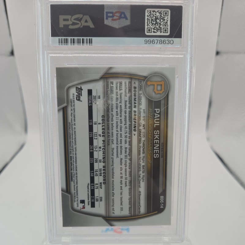2023 Bowman Chrome Draft Paul Skenes Rookie Refractor PSA 10 Pirates view 2