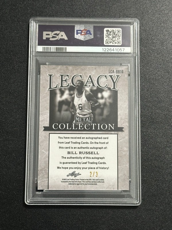 BILL RUSSELL 2022 LEAF LEGACY ON CARD AUTO PSA 10 RED PRISMATIC 2/3 PSA 10 SP view 2
