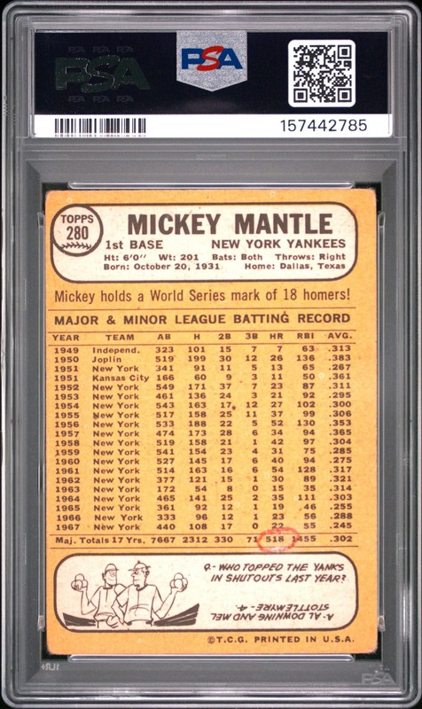 Mickey Mantle 1968 Topps PSA 2 #280 New York Yankees view 2