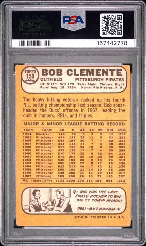 Bob Roberto Clemente 1968 Topps PSA 2 #150 Pittsburgh Pirates view 2