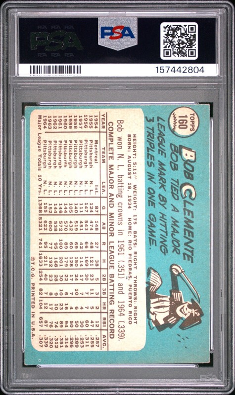 Bob Roberto Clemente 1965 Topps PSA 3 #160 Pittsburgh Pirates view 2