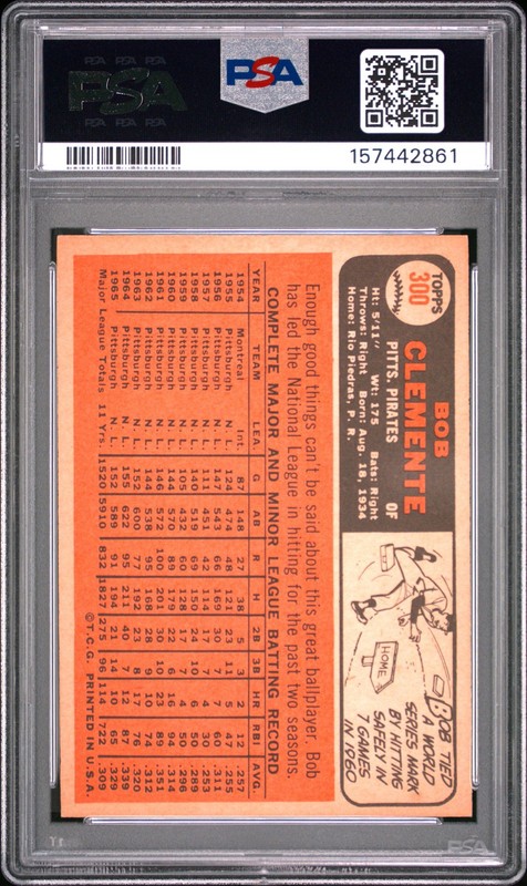 Bob Roberto Clemente 1966 Topps PSA 4 #300 Pittsburgh Pirates view 2