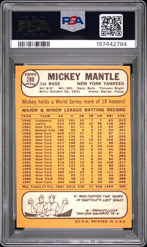 Mickey Mantle 1968 Topps PSA 3 #280 New York Yankees view 2
