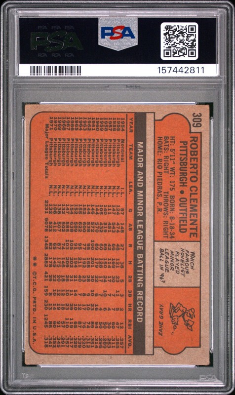 Roberto Clemente 1972 Topps PSA 3 #309 Pittsburgh Pirates view 2