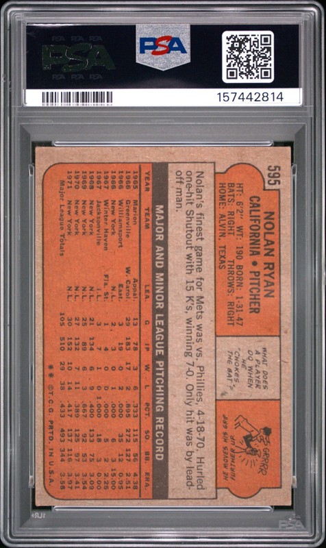 Nolan Ryan 1972 Topps PSA 4 #595 California Angels view 2