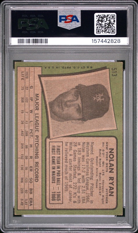 Nolan Ryan 1971 Topps PSA 4 #513 New York Mets view 2