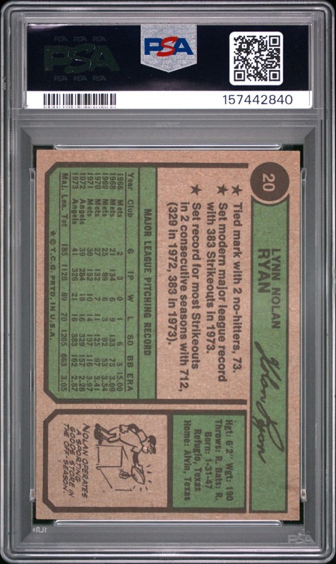 Nolan Ryan 1974 Topps PSA 4 #20 California Angels view 2