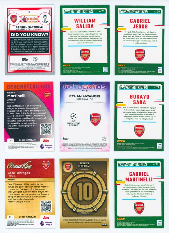 9x Arsenal FC Soccer Card Lot: Bergkamp, Saka, Martinelli, Saliba, Nwaneri 5L4 view 2