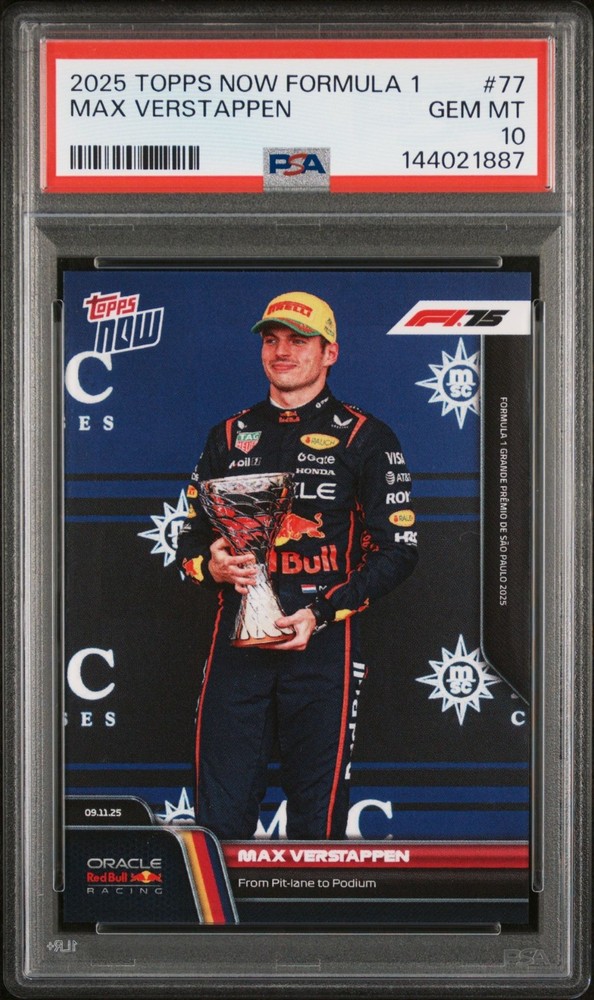 2025 Topps Now Formula 1 #77 Max Verstappen PSA 10 Sao Paolo Pit Lane to Podium view 1