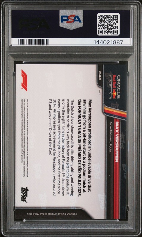 2025 Topps Now Formula 1 #77 Max Verstappen PSA 10 Sao Paolo Pit Lane to Podium view 2