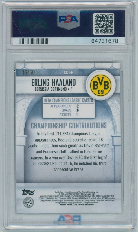 2020-21 Erling Haaland Topps Stadium Club Chrome Gold Refractor 36/50 PSA 10 GEM view 2