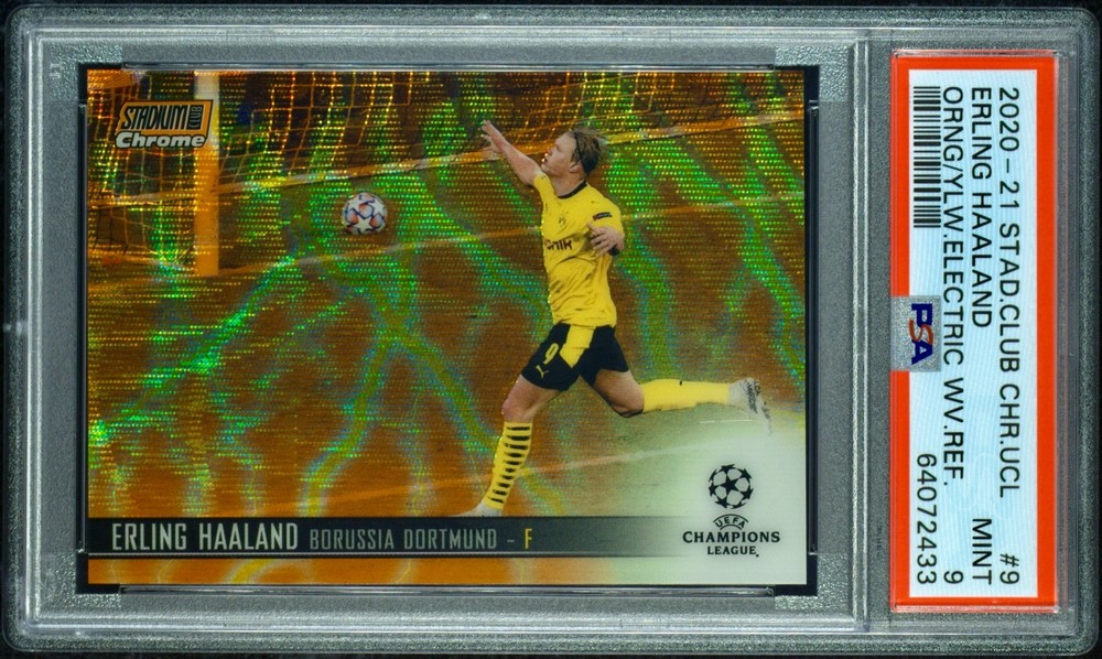 2020 Erling Haaland Topps Stadium Club Chrome Orange/Yellow Refractor SP PSA 9