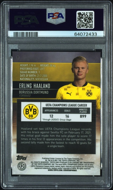 2020 Erling Haaland Topps Stadium Club Chrome Orange/Yellow Refractor SP PSA 9 view 2