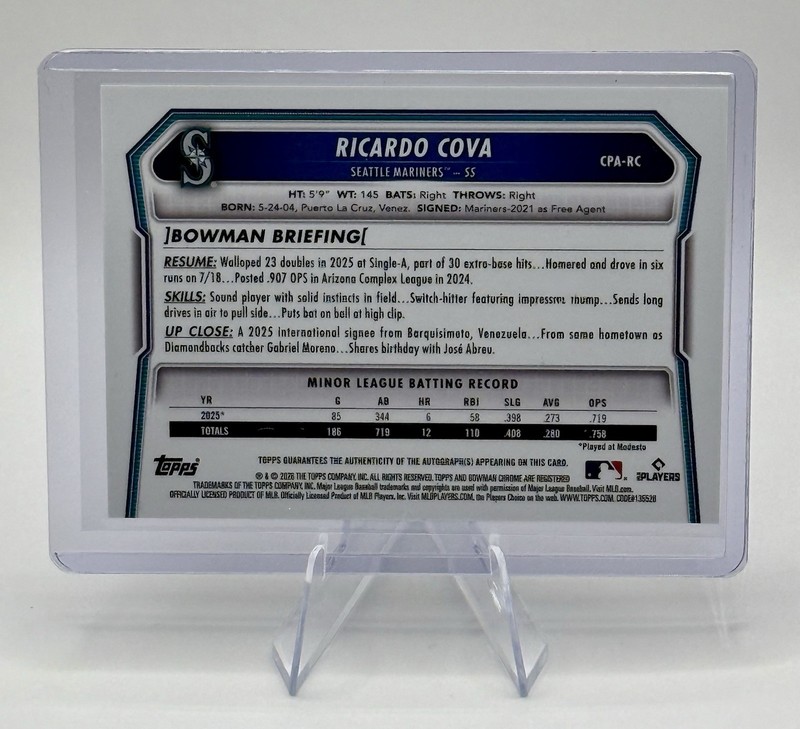 2026 Bowman - Ricardo Cova 1st Bowman Chrome On Card Auto 🔥 Mariners #CPA-RC view 2