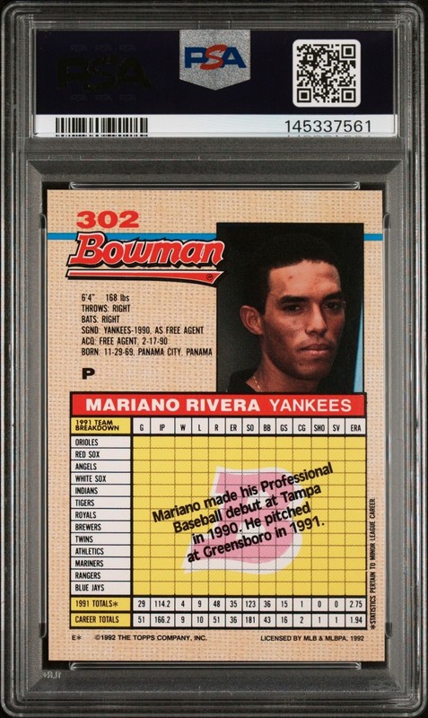 PSA 10 - 1992 Bowman - Mariano Rivera #302 (RC) - HOF *TEXCARDS* view 2