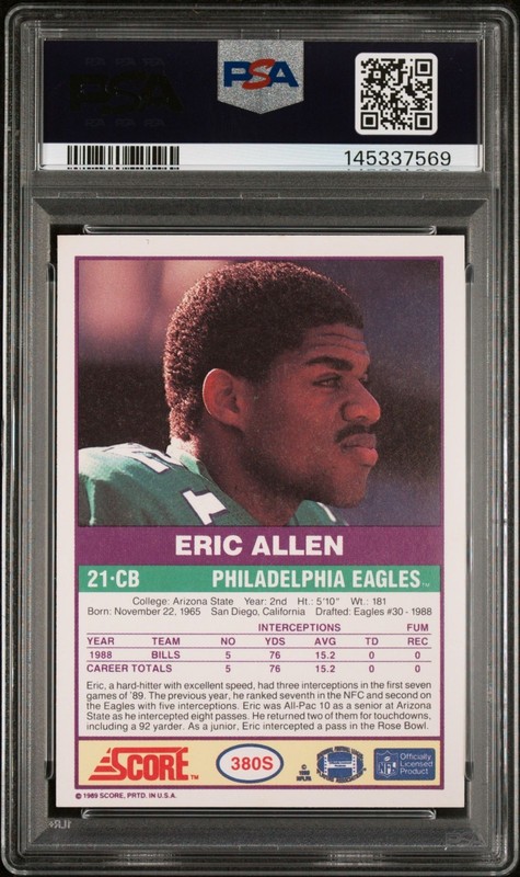PSA 10 - 1989 Score Supplemental - Eric Allen #380S (RC) - HOF view 2