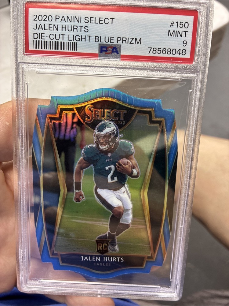 Jalen Hurts 2020 Panini Select #150 Light Blue Prizm Die Cut RC PSA 9