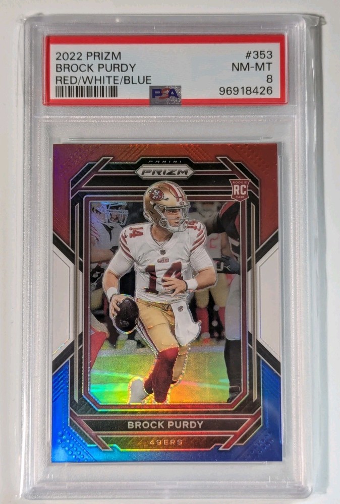 BROCK PURDY 2022 Panini Prizm - Red White & Blue Prizm Rookie (RC) PSA 8