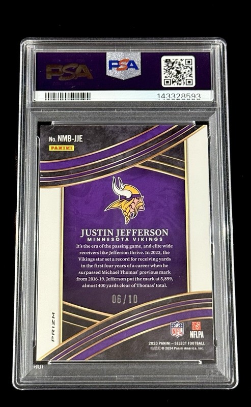 Justin Jefferson 2023 Panini Select Numbers Gold Prizm #’d/10 PSA 9 MINT Vikings view 2