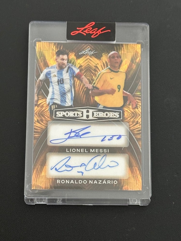 LIONEL MESSI * RONALDO NAZARIO 2026 LEAF SPORT HEROES DUAL AUTO 1/1 GOLD CRYSTAL