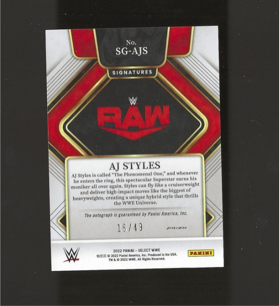 2022 Panini Select WWE Signatures Blue Prizm Auto /49 AJ Styles #SG-AJS view 2