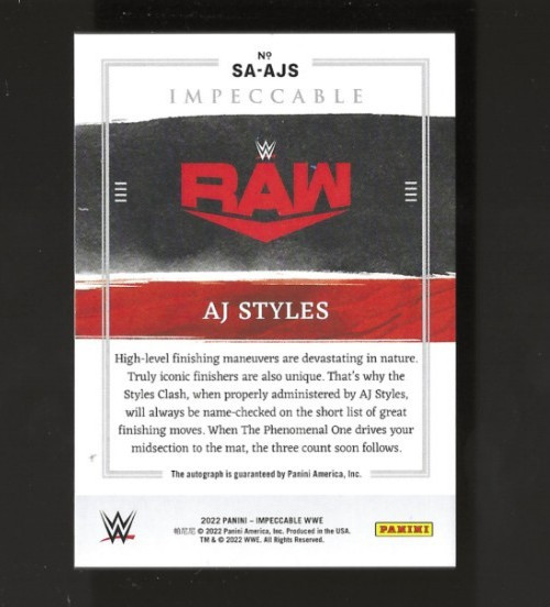 2022 Panini Impeccable WWE Superstar Auto /99 AJ Styles #SA-AJS view 2
