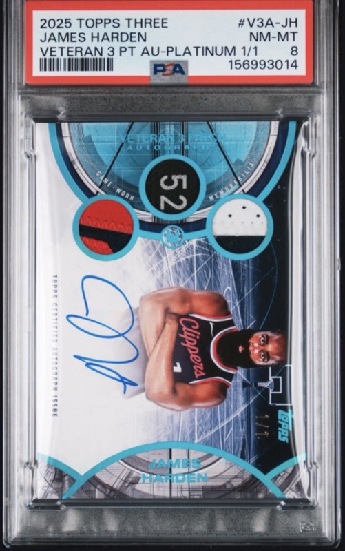 2025 Topps 3 Basketball James Harden Game Worn 3 Patch Auto 1/1 Platinum PSA 8 view 2