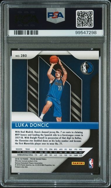2018-19 Panini Prizm Luka Doncic #280 RC Mavericks Lakers PSA 10 view 2