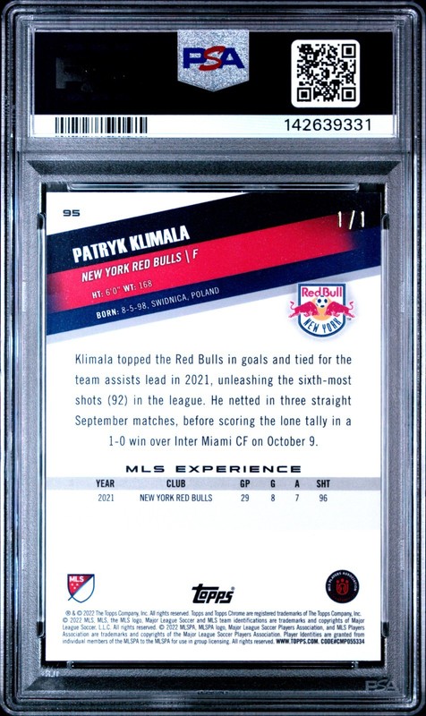 2021-22 Patryk Klimala Topps Chrome Superfractor New York Red Bulls 1/1 PSA 10 view 2