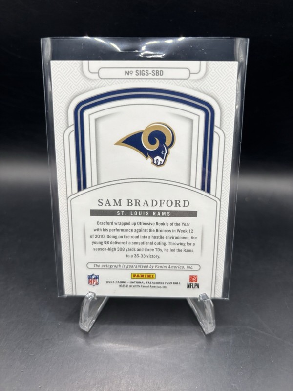 2024 Panini National Treasures Sam Bradford #SIGS-SBD Auto /49 Rams view 2