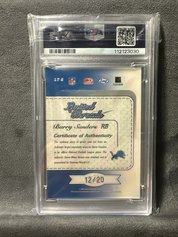 2003 Leaf Limited Barry Sanders Limited Threads Jersey Number /20 AU MEM PSA 8 view 2