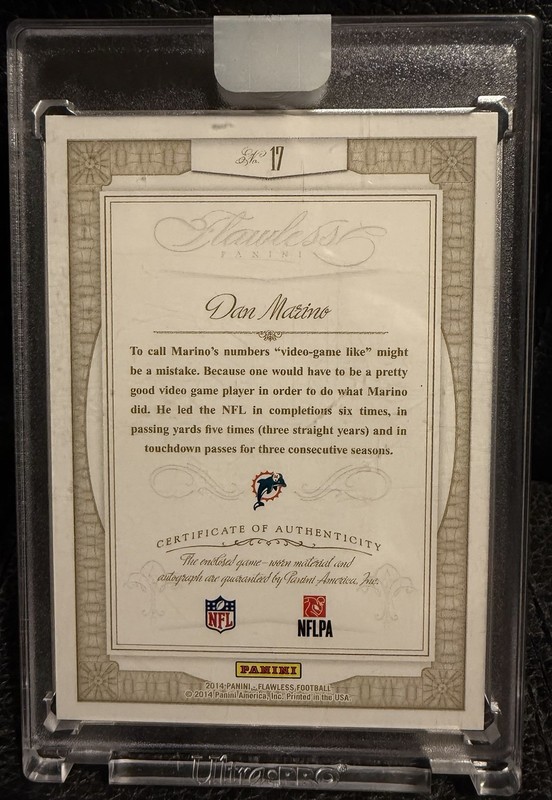 2014 Panini Flawless Ruby On Card Auto Game Worn Jersey Dan Marino 05/15 view 2