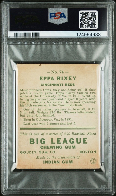 Eppa Rixey 1933 Goudey PSA 2 #74 view 2