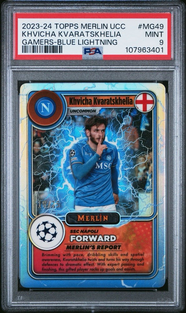 2023-24 Topps Merlin Chrome UCC Gamers Blue /75 Khvicha Kvaratskhelia PSA 9