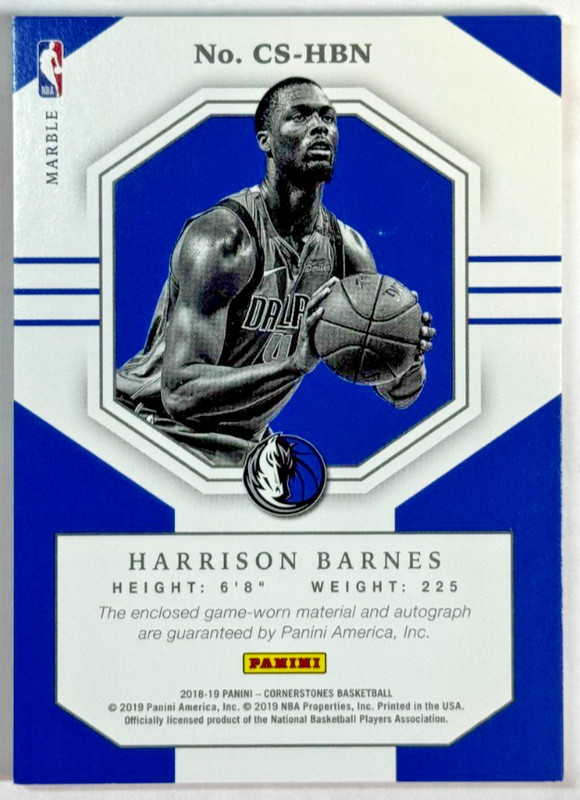 Harrison Barnes Cornerstones Quad Patch Auto Marble /10 2018-19 Panini #CS-HBN view 2