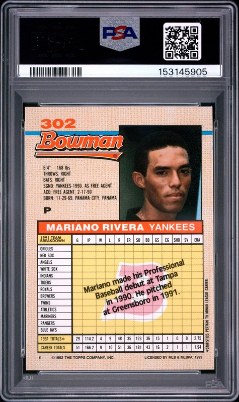 1992 Bowman #302 Mariano Rivera RC PSA 9 view 2