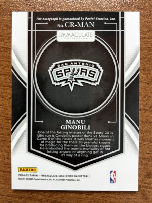 2024-25 PANINI - Immaculate collection Manu Ginobili Championship Runs Auto /14 view 2