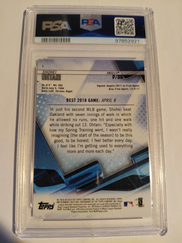 2018 Bowmans Best Shohei Ohtani Purple Refractor PSA 10 245/250 Rookie graded view 2