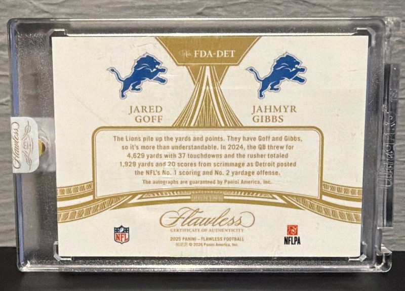 JARED GOFF JAHMYR GIBBS 2025 FLAWLESS DUAL AUTOGRAPH SILVER AUTO 24/25 🔥 LIONS view 2